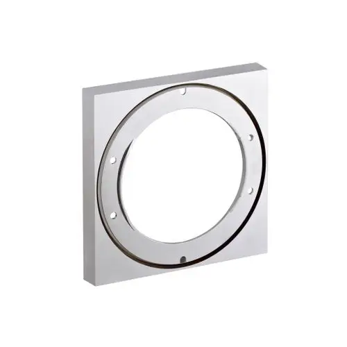 Eckige Edelstahlplakette mit runder Öffnung und Montagebohrungen, entworfen von AXOR, zur Verwendung in modernen Badezimmerinstallationen.